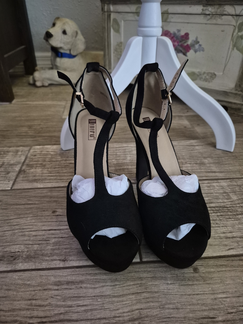 IDIFU Black T-Strap Open-Toe High Heels for Women